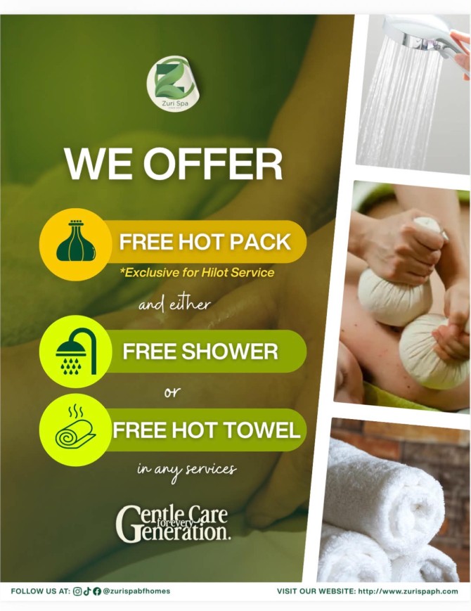 Zuri Spa promotional poster featuring free hot pack, free shower, and free hot towel offers, with images of spa treatments and towels.